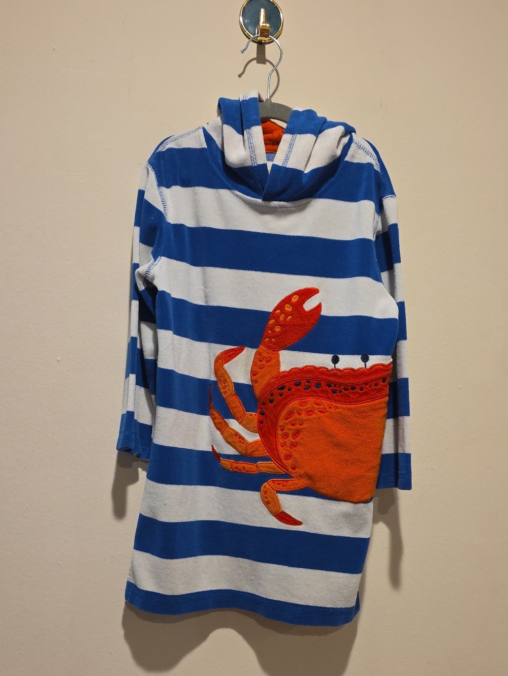 Mini Boden Blue and White Striped Hoodie Dress with Orange Crab Applique 6 7